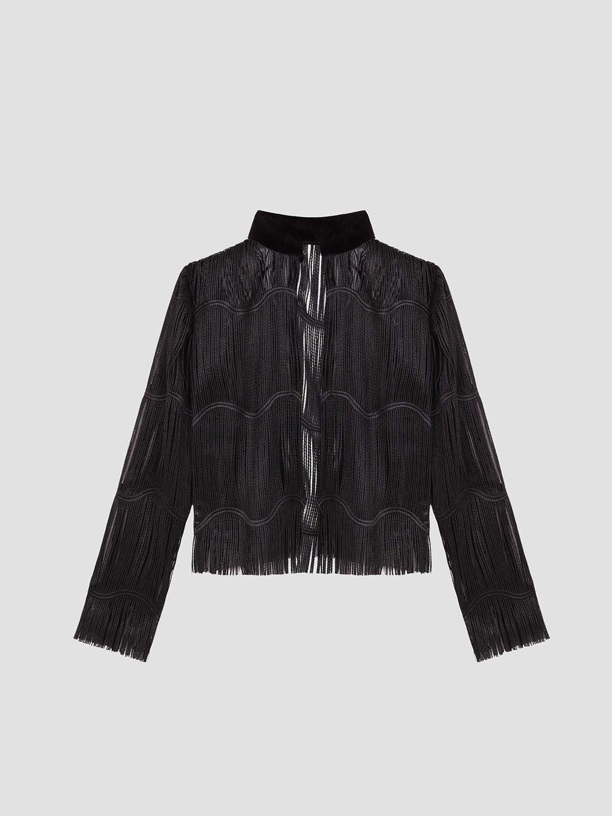 Black jacket made of black fringed strips