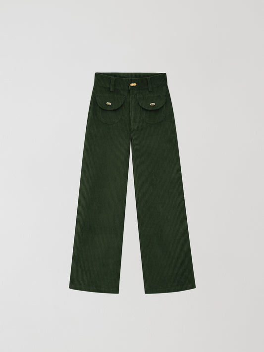 Dark green high waisted corduroy trousers. 