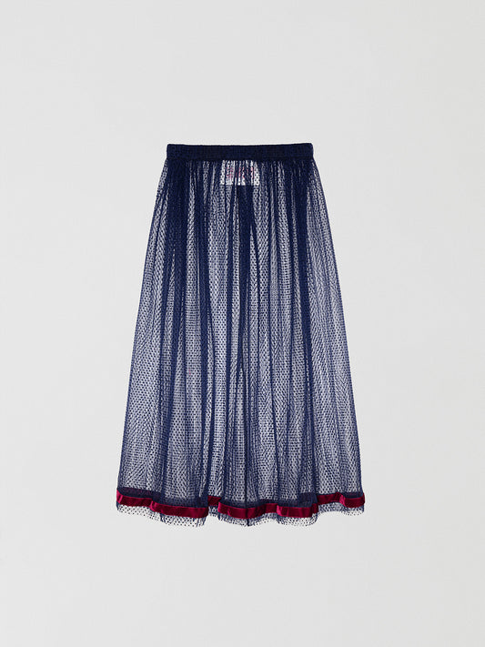Flared midi skirt in navy blue plumeti tulle.