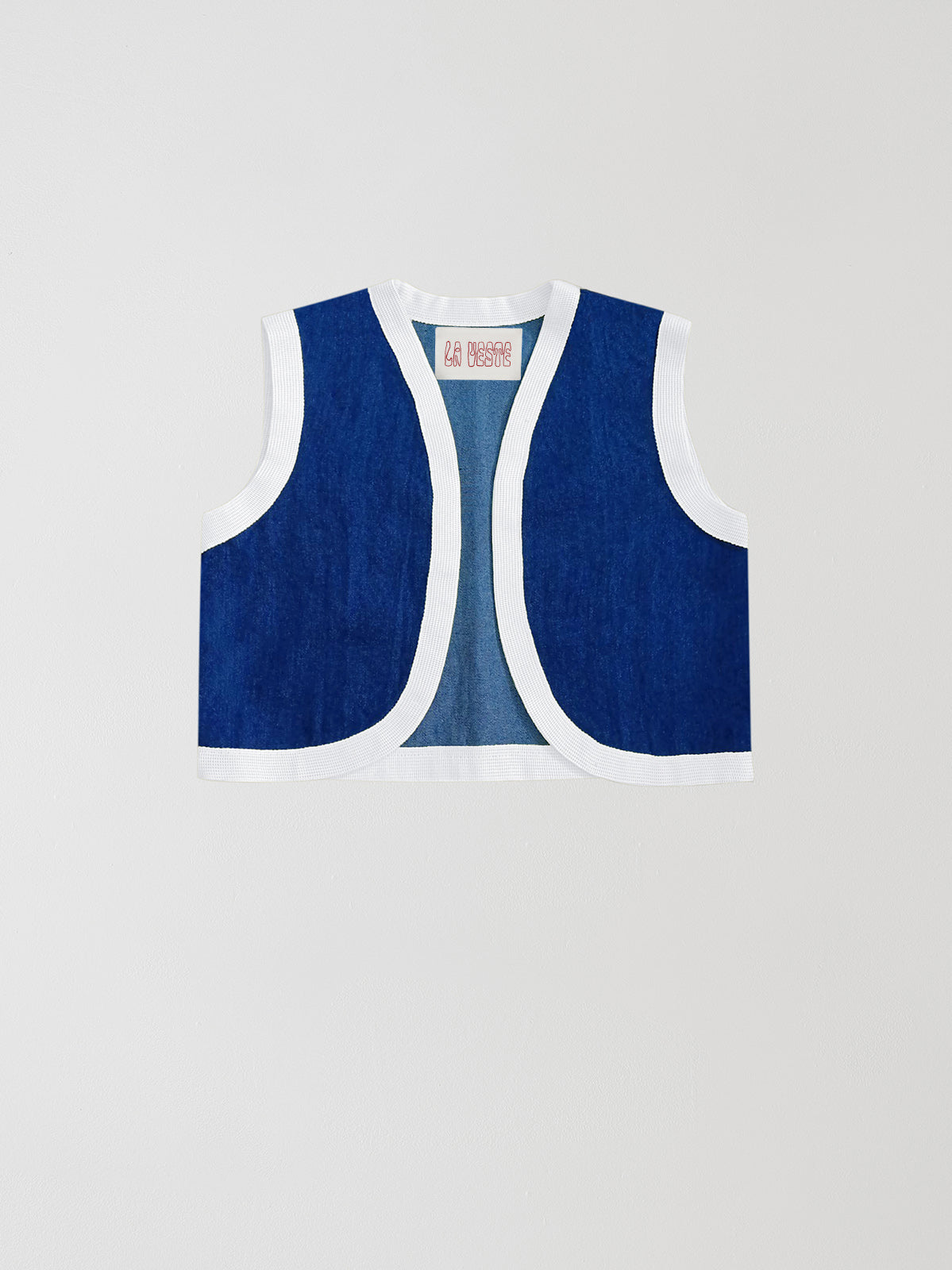Blue cotton waistcoat with white ribbon detail