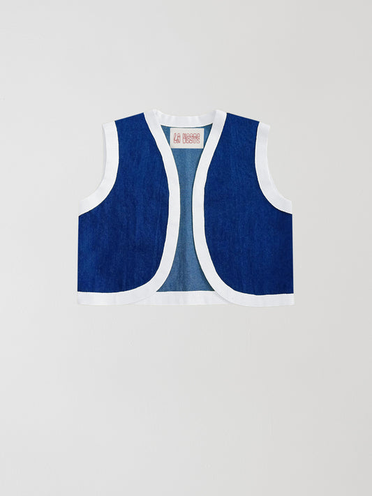 Blue cotton waistcoat with white ribbon detail