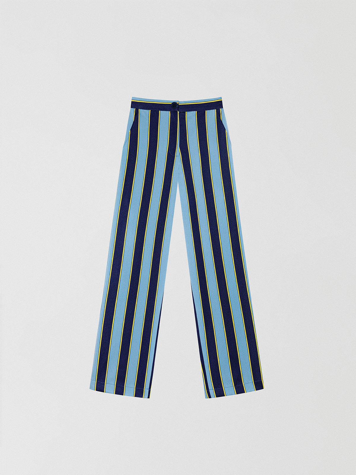 Blue, navy and yellow striped suit trousers.
