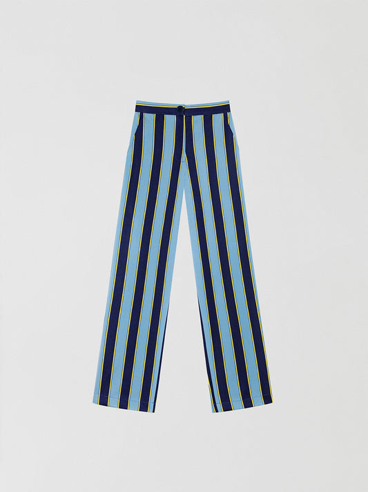 Blue, navy and yellow striped suit trousers.