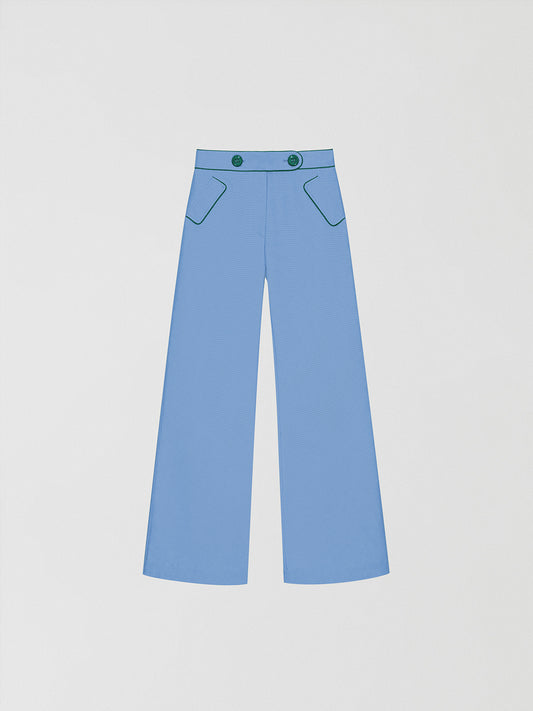 Blue pique trousers with medium rise.