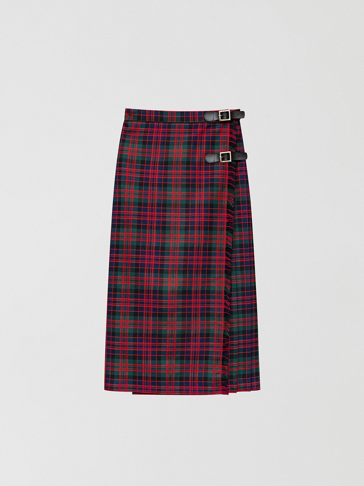 Checked Scottish midi skirt in red, navy and green tones. 