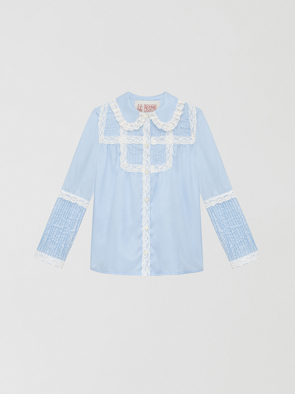 Light blue shirt with geometric lace pattern and pleated details