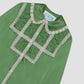 Olive green shirt with geometric lace pattern and pleated details.