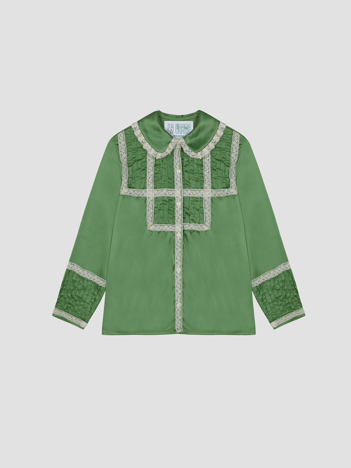 Olive green shirt with geometric lace pattern and pleated details.