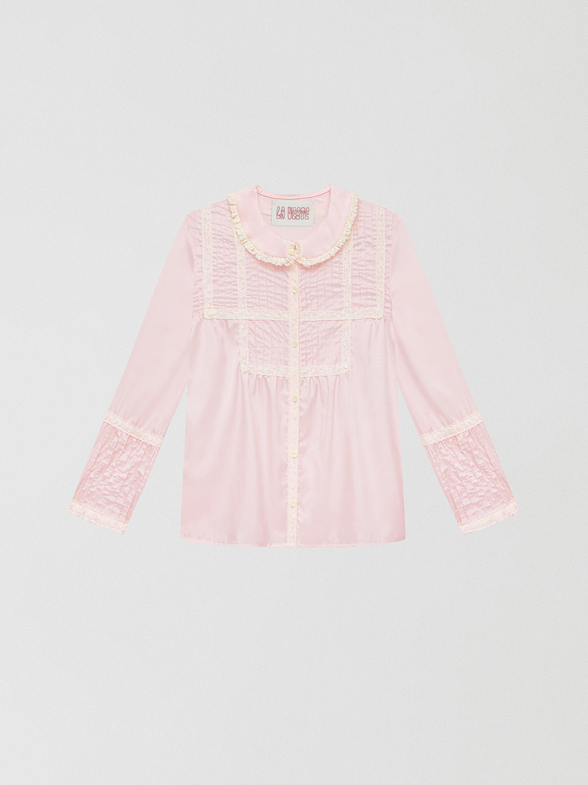 Pink shirt with geometric lace pattern and pleated details