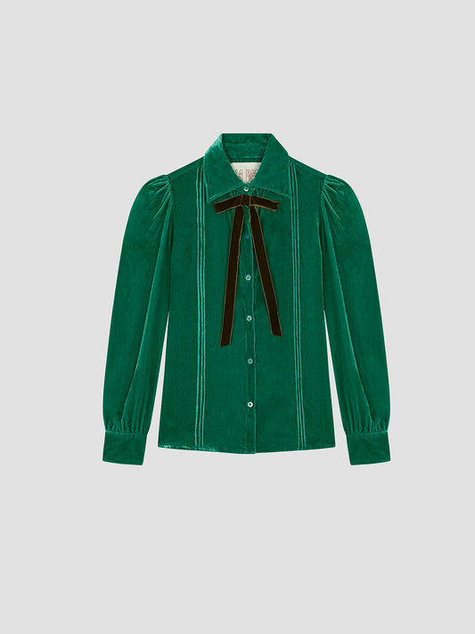 Green velvet shirt with brown bow on the collar