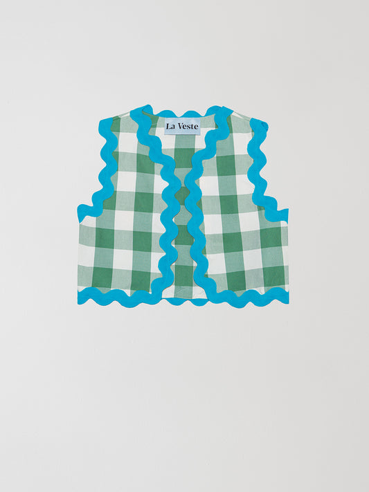 Green and white checked waistcoat made in cotton with blue trim detail on the edges