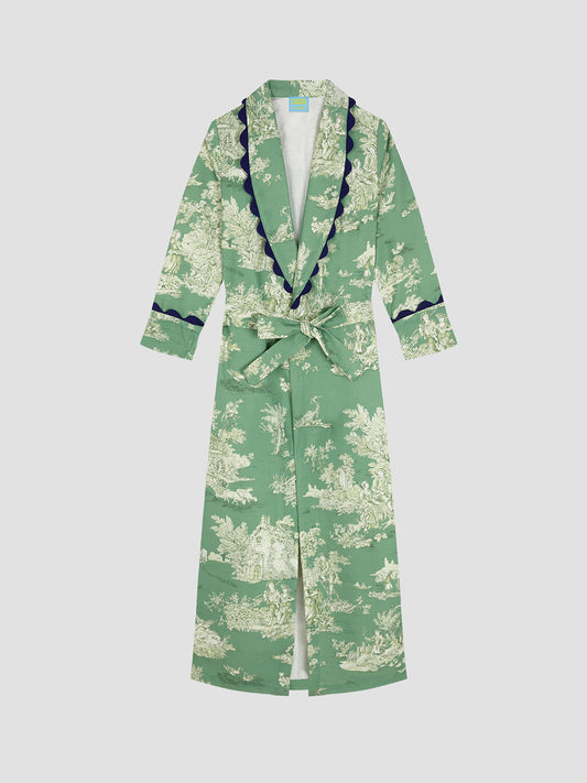 housecoat with Toile de Jouy green and blue collar