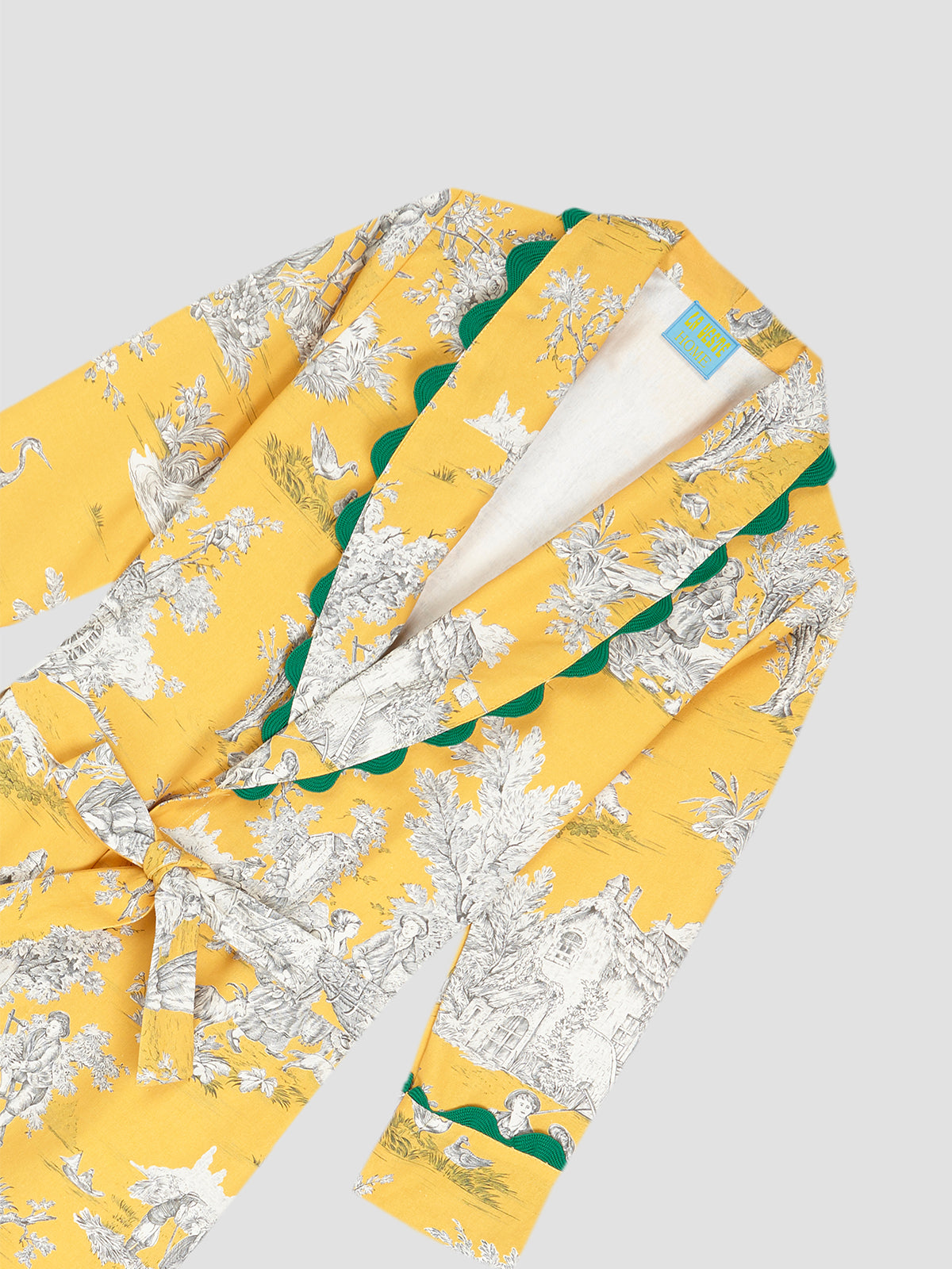 housecoat toile du jouy, grey and yellow with green collar