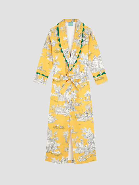 housecoat toile du jouy, grey and yellow with green collar