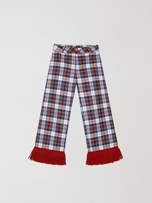 Checked trousers in red, blue and yellow with red fringes. 