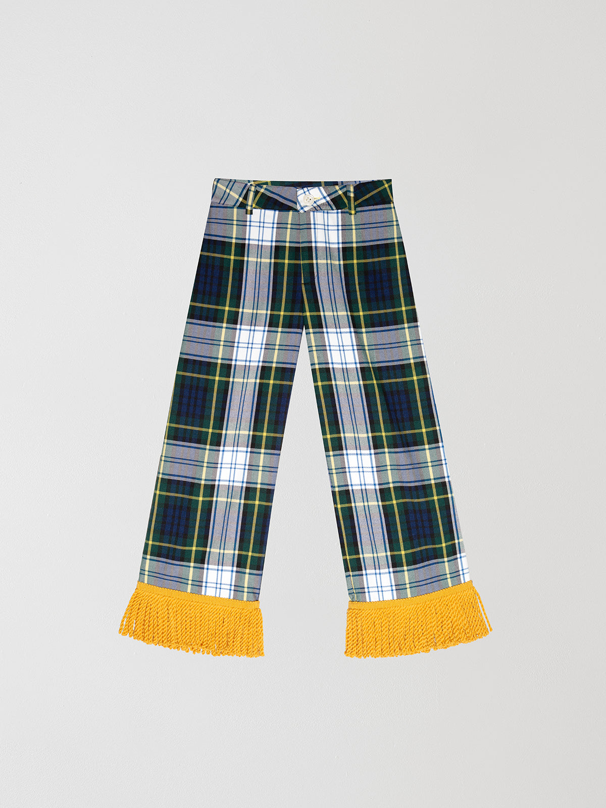 Checked trousers in green, yellow and navy with yellow fringes. 