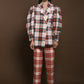 Checked trousers in red and ecru wool. 
