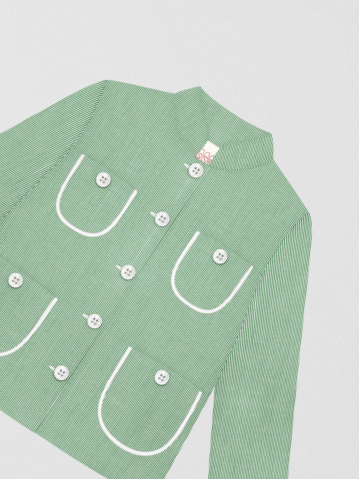 Buttoned jacket made in green and white stripes. It has contrasting white bias detail and four patch pockets. It has a mao collar and white button closure.