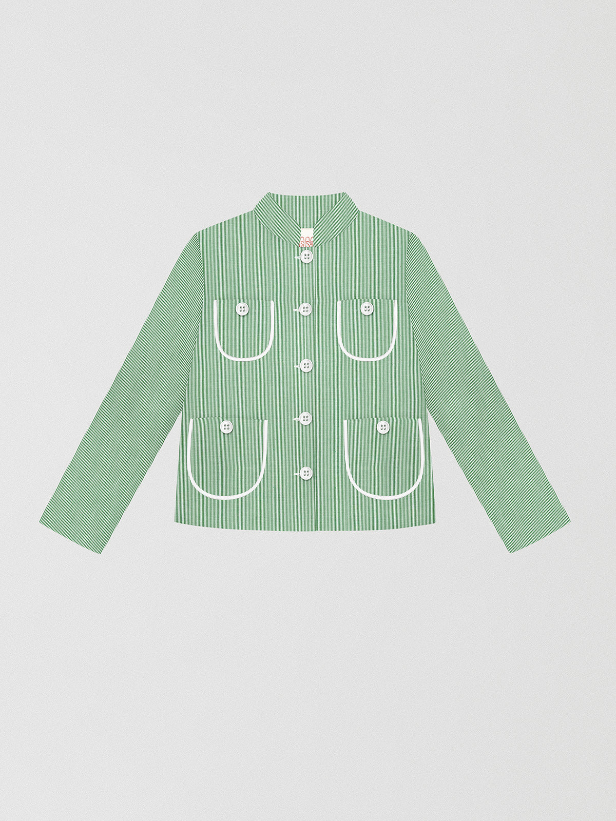 Buttoned jacket made in green and white stripes. It has contrasting white bias detail and four patch pockets. It has a mao collar and white button closure.