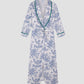 Jouy Housecoat Blue is a robe with blue Toile de Jouy print and green bias binding on cuffs and lapel.