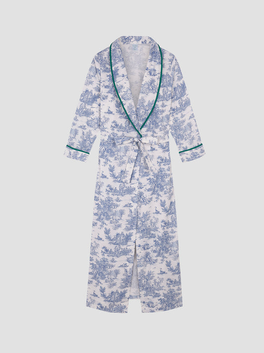 Jouy Housecoat Blue is a robe with blue Toile de Jouy print and green bias binding on cuffs and lapel.