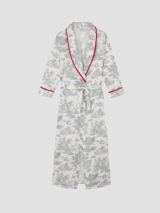 Jouy Housecoat Green is a long-sleeved robe with green Toile de Jouy print and red bias binding details.