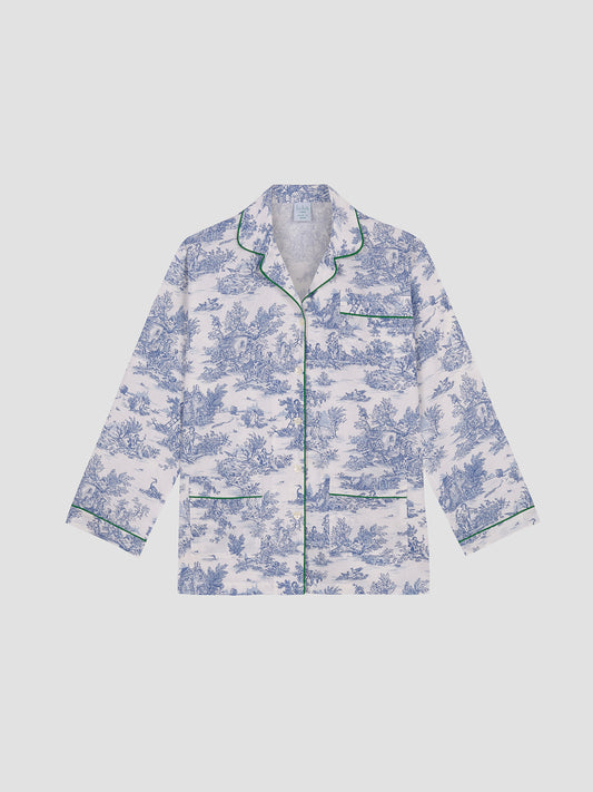 Jouy Pajama Shirt Blue 01 with green pockets and bias details
