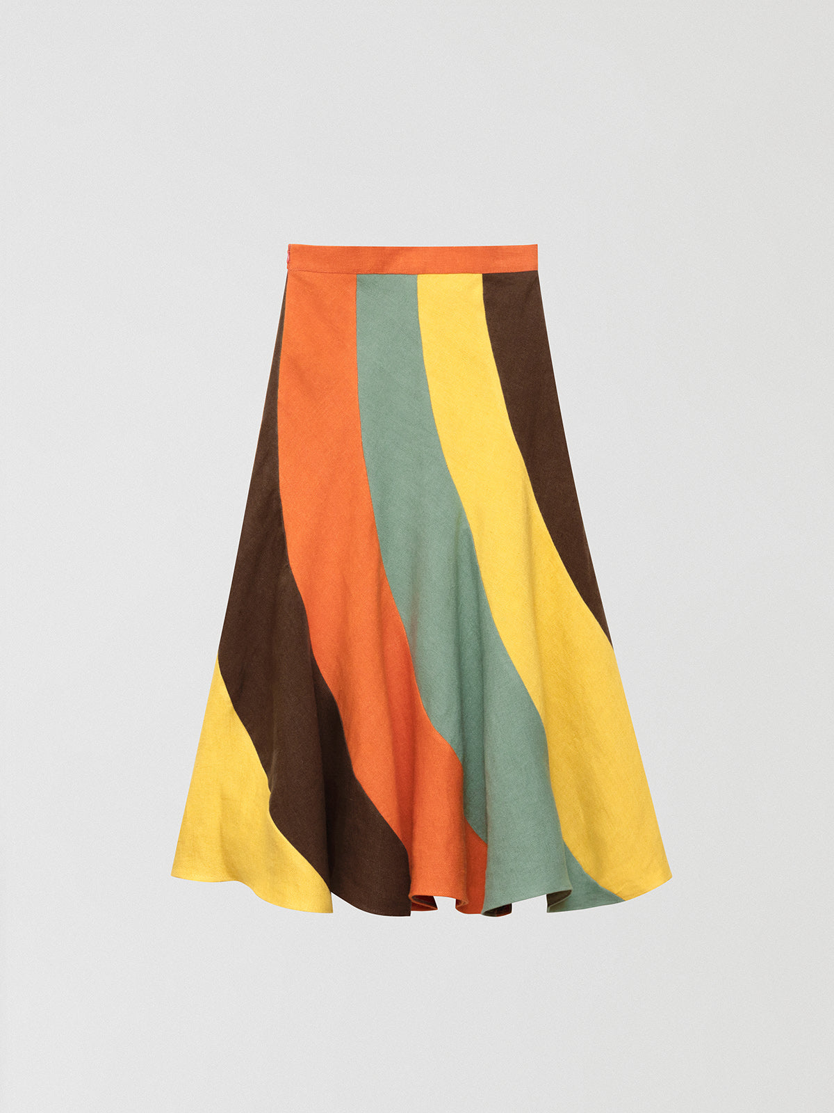 Flared linen midi skirt with asymmetric print in orange, yellow, green and brown.