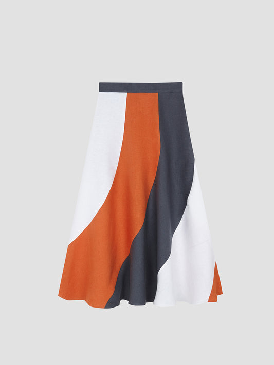 keops midi skirt made in orange, grey and white linen linen