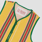 Yellow cotton waistcoat with red and green stripes and green bias binding.