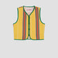 Yellow cotton waistcoat with red and green stripes and green bias binding