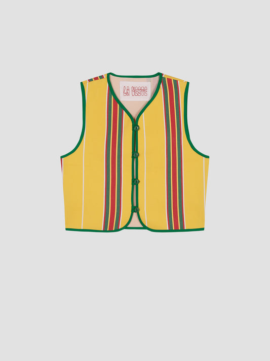 Yellow cotton waistcoat with red and green stripes and green bias binding