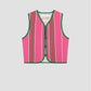 Fucshia cotton waistcoat with red and green stripes and green bias binding