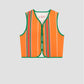Orange cotton waistcoat with red and green stripes and green bias binding.
