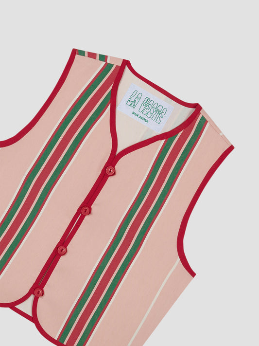 Baby Pink cotton waistcoat with red and green stripes and red bias binding