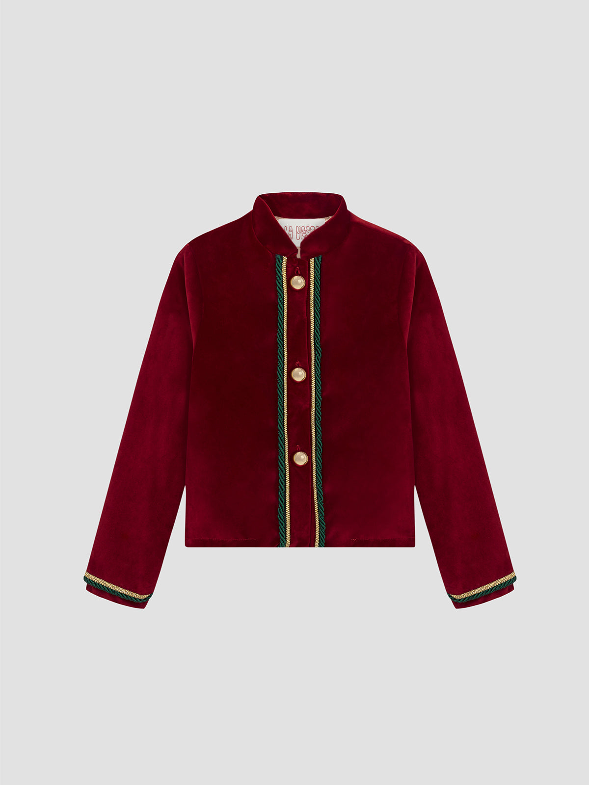 Red velvet jacket with green and gold trimmings