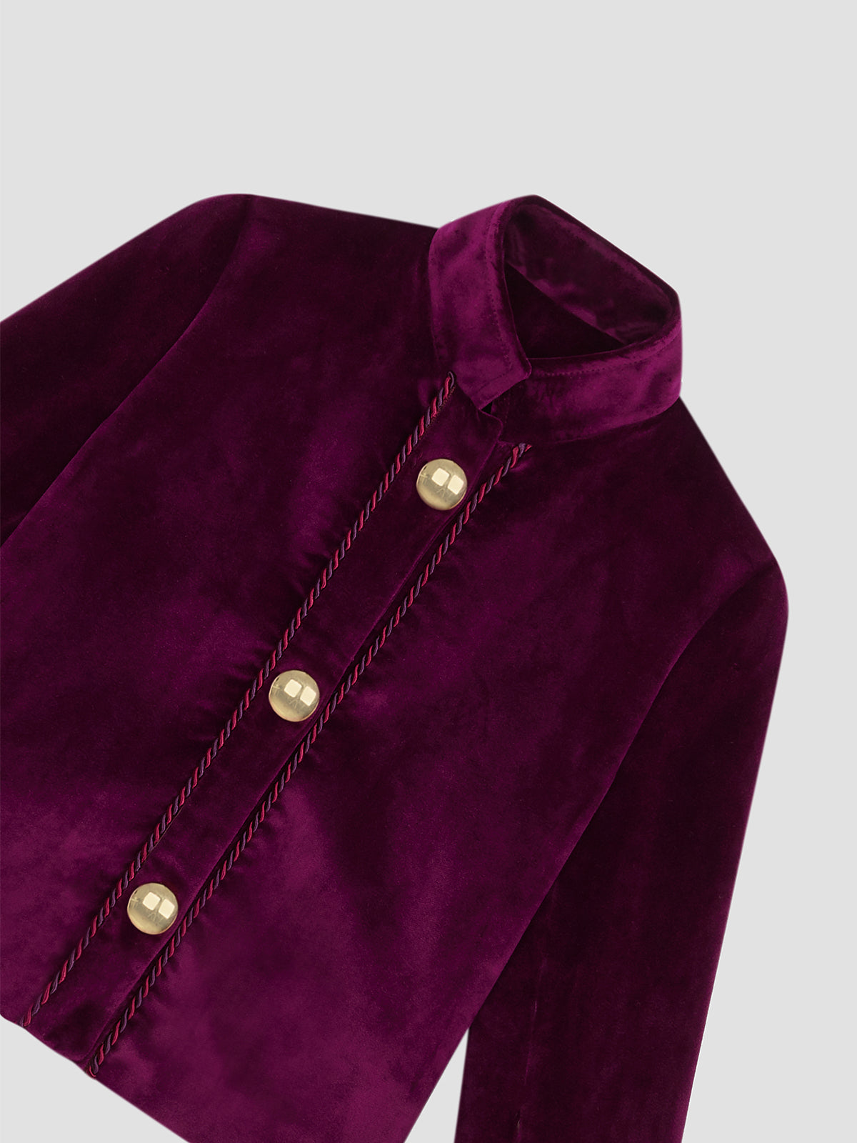 Aubergine velvet jacket with gold buttons