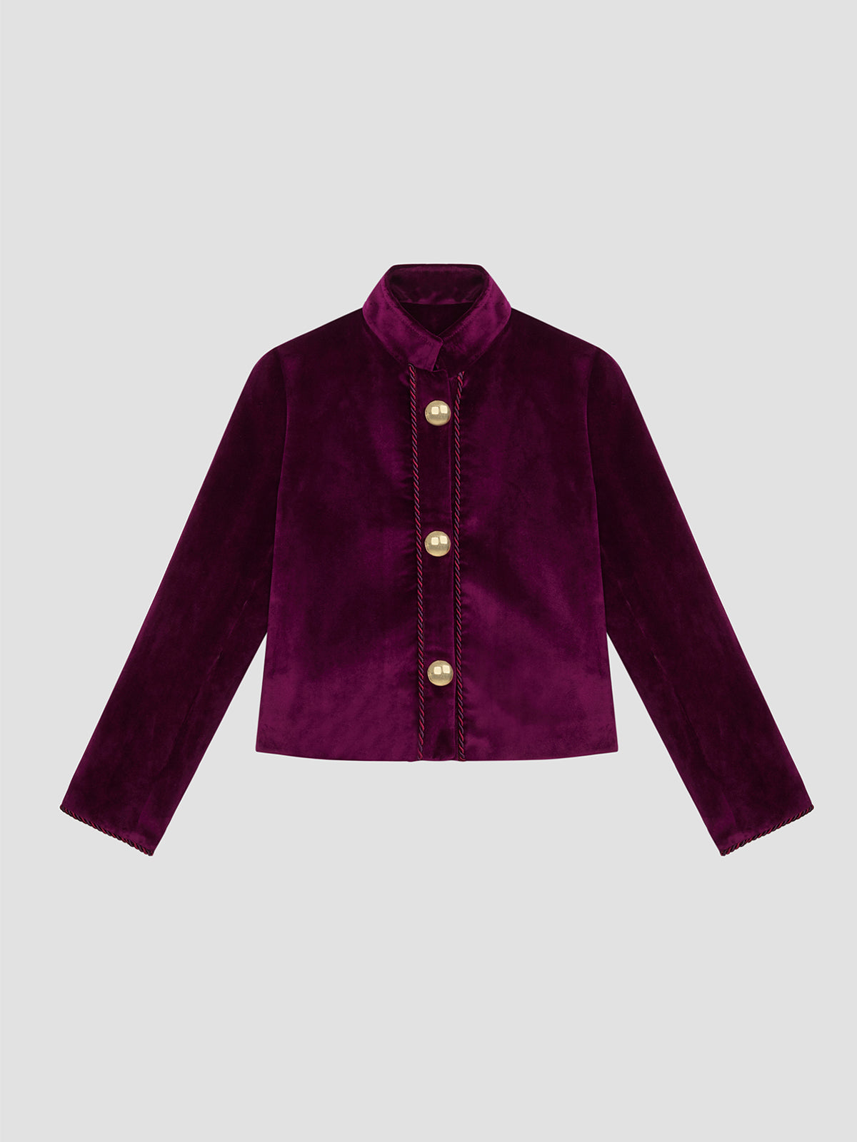 Aubergine velvet jacket with gold buttons