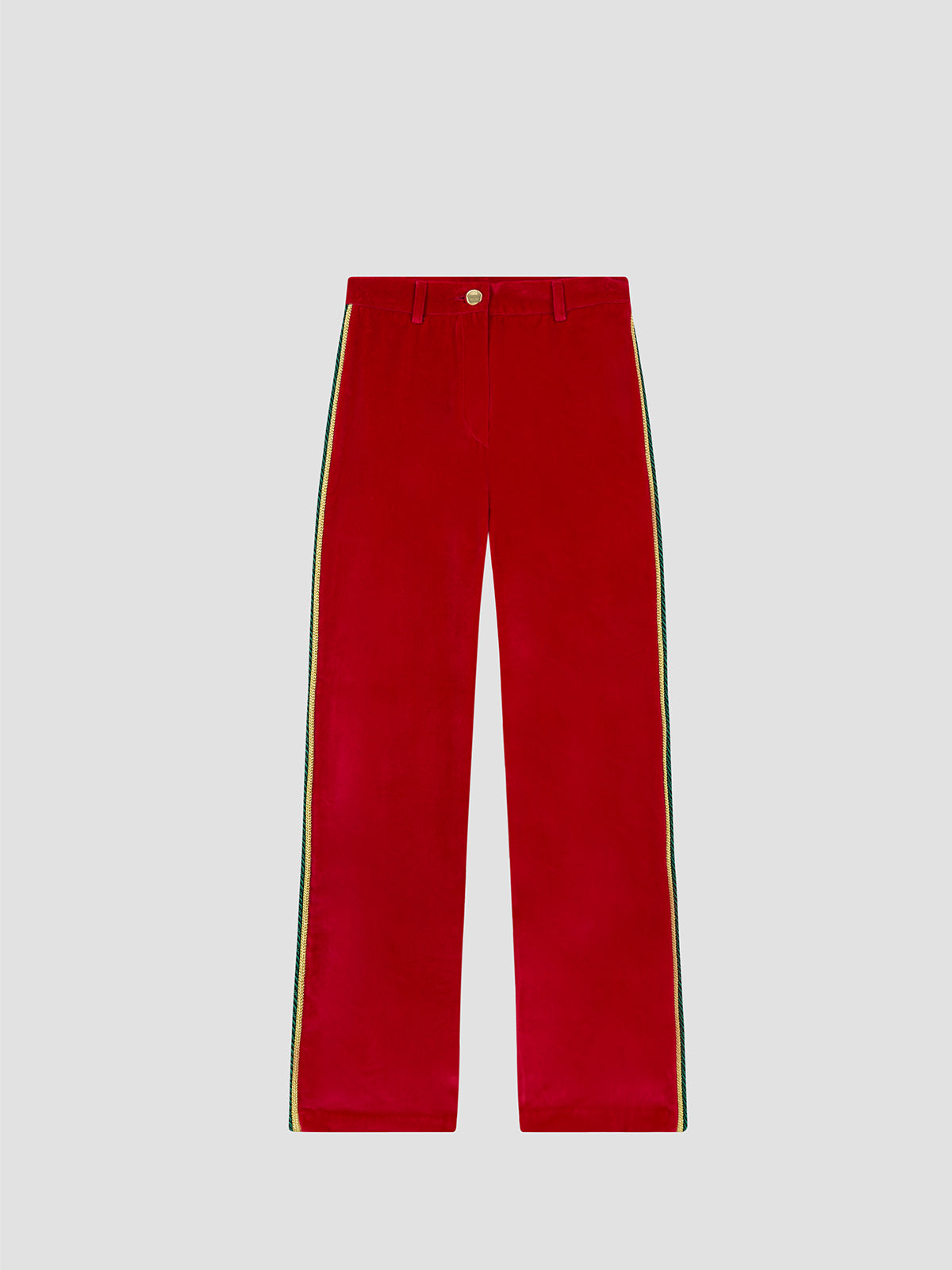 Red velvet pants with green and gold trimming  