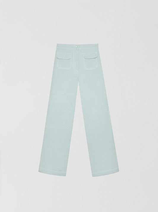Baby blue high-waisted linen trousers with pockets. 