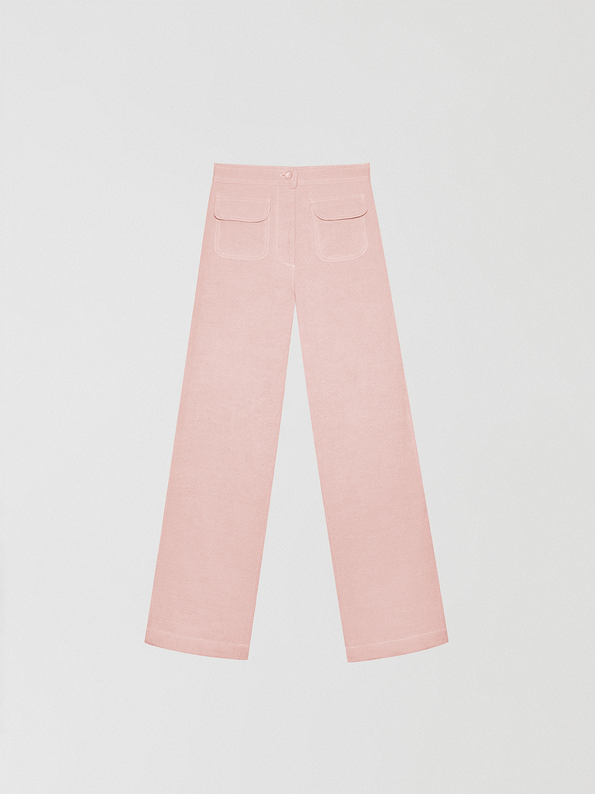 Baby pink high-waisted linen trousers with pockets. 