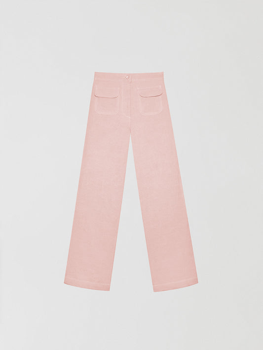 Baby pink high-waisted linen trousers with pockets. 