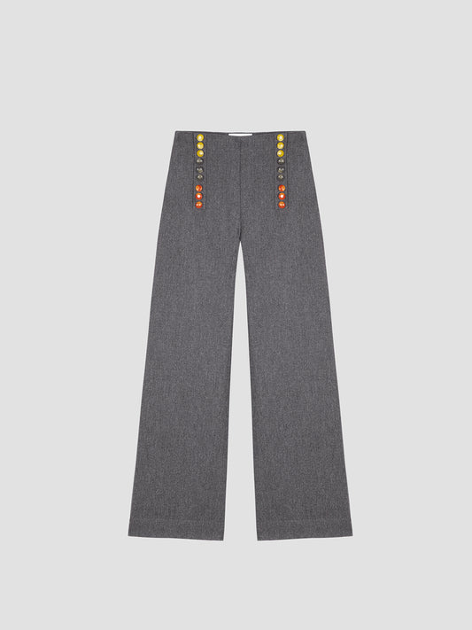 grey pants with colored button detail