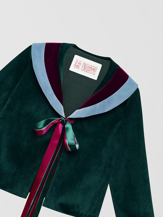 Sailor style jacket made in green, light blue and burgundy velvet
