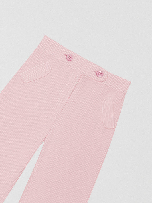 Baby pink low rise corduroy trousers.