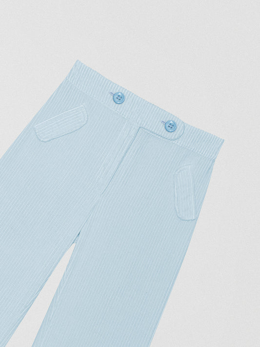 Baby blue low rise corduroy trousers.