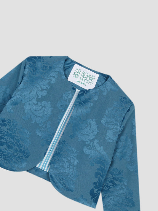 Blue blazer with floral print and matching light blue lining.