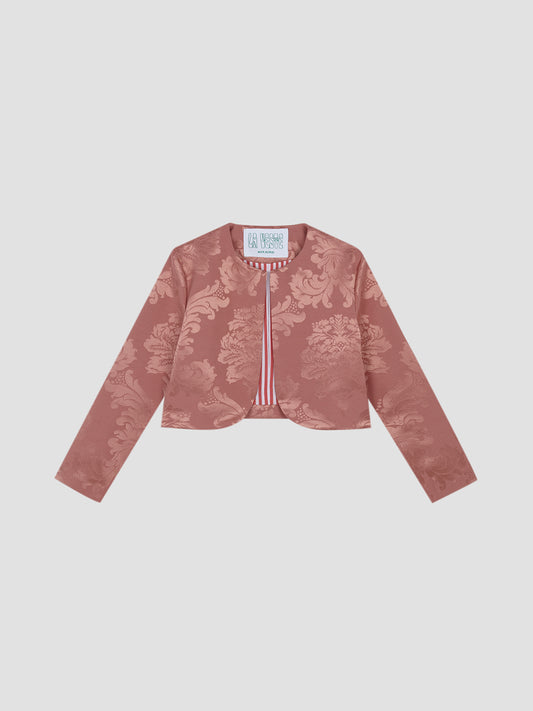 Mei Blazer Pink is a pink floral blazer with light blue lining.