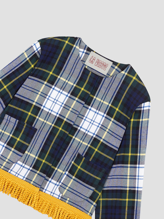 Checked jacket in shades of navy, green and yellow with yellow fringe detail at the bottom