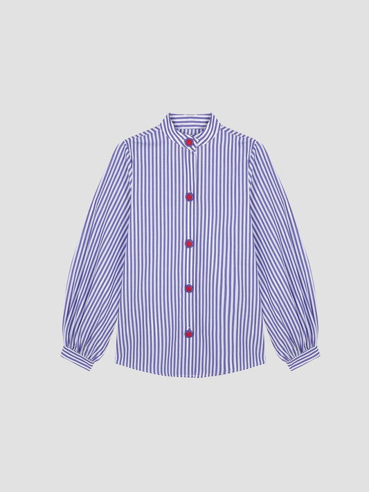 Mikado Shirt Purple is a long sleeve purple and bolanco striped shirt with purple and red button front closure.